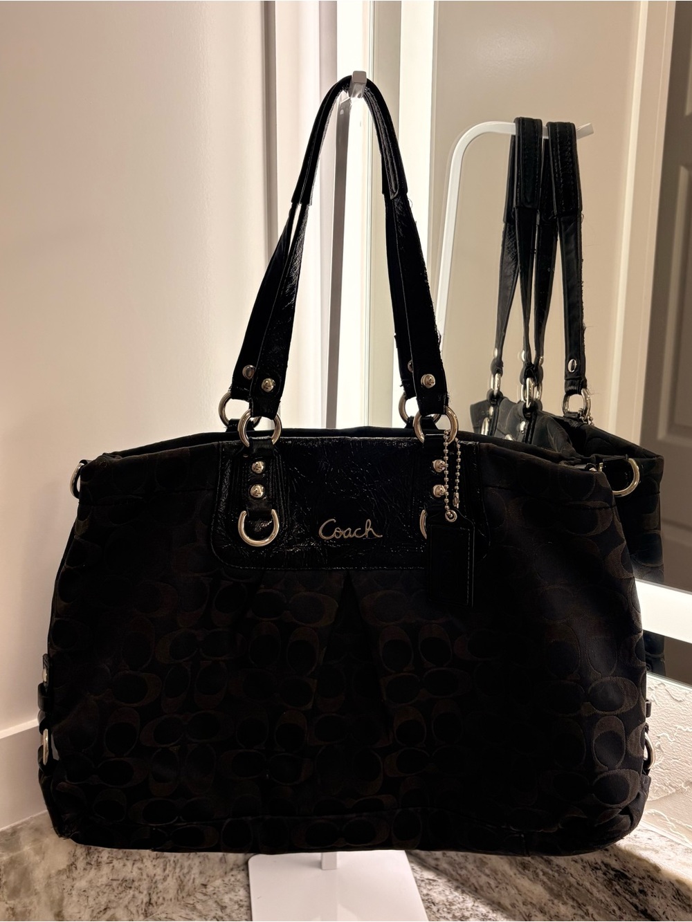Coach Black Logo Jacquard Tote with Patent Trim